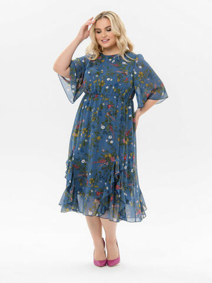 Платье-миди из шифона с воланами Цветы на синем