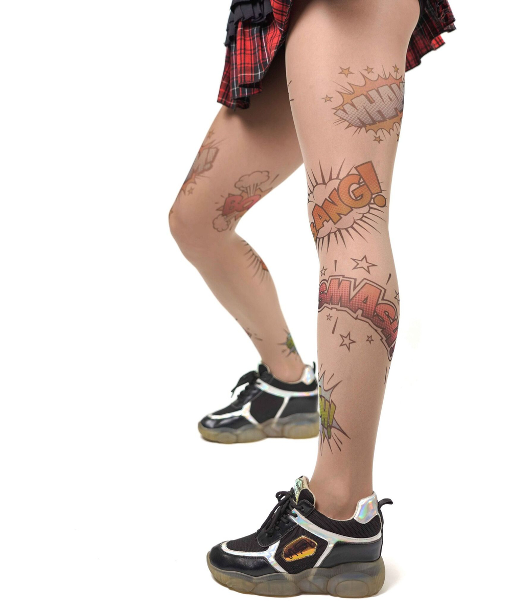 Колготки с принтом в виде цветных спич-баббл (Размер: S-M-L) (Цвет: бежевый)