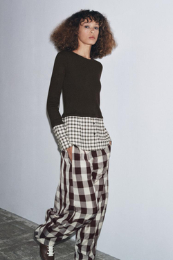 ZARA КОМБИНИРОВАННАЯ ФУТБОЛКА В КЛЕТКУ, КОРИЧНЕВЫЙ