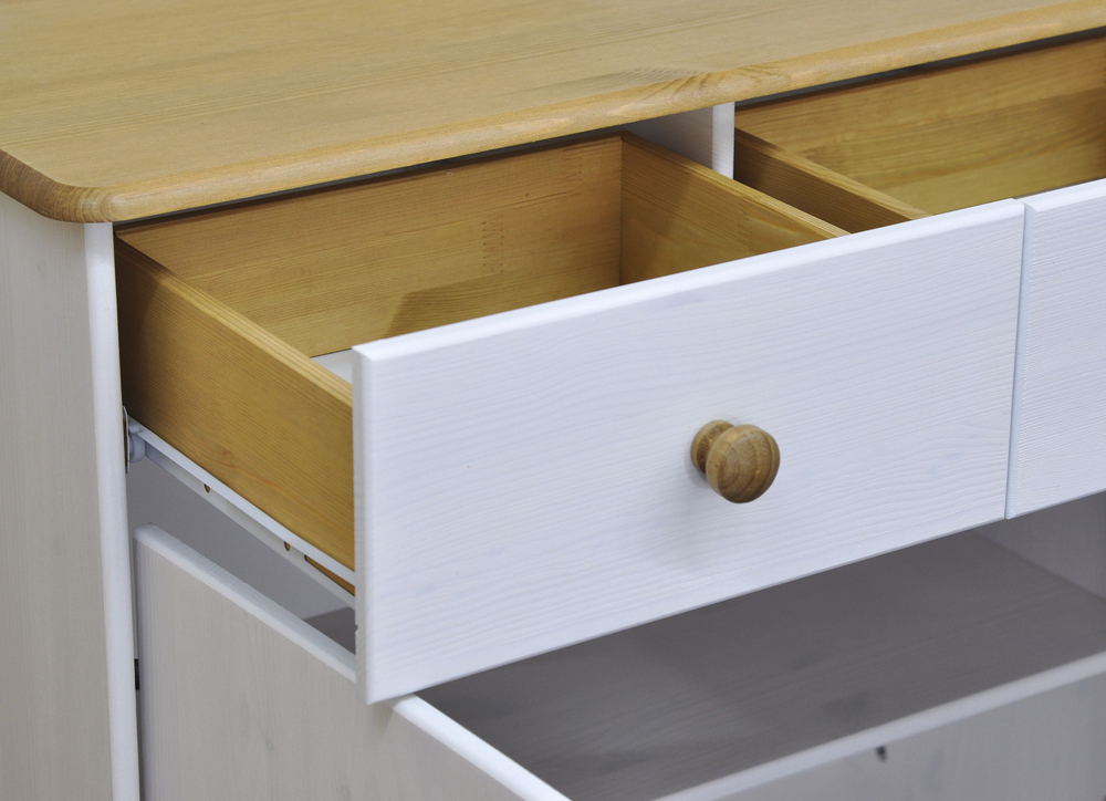 Комод 113х35х73, Хаба, с 3 ящиками для одежды и вещей, 3 двери, для прихожей, детской, спальни, из массива сосны, белый/антик, Dipriz