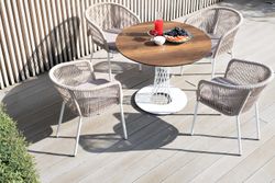 "Марсель" стул плетеный из роупа, каркас алюминий белый муар, роуп бежевый круглый, ткань бежевая 035