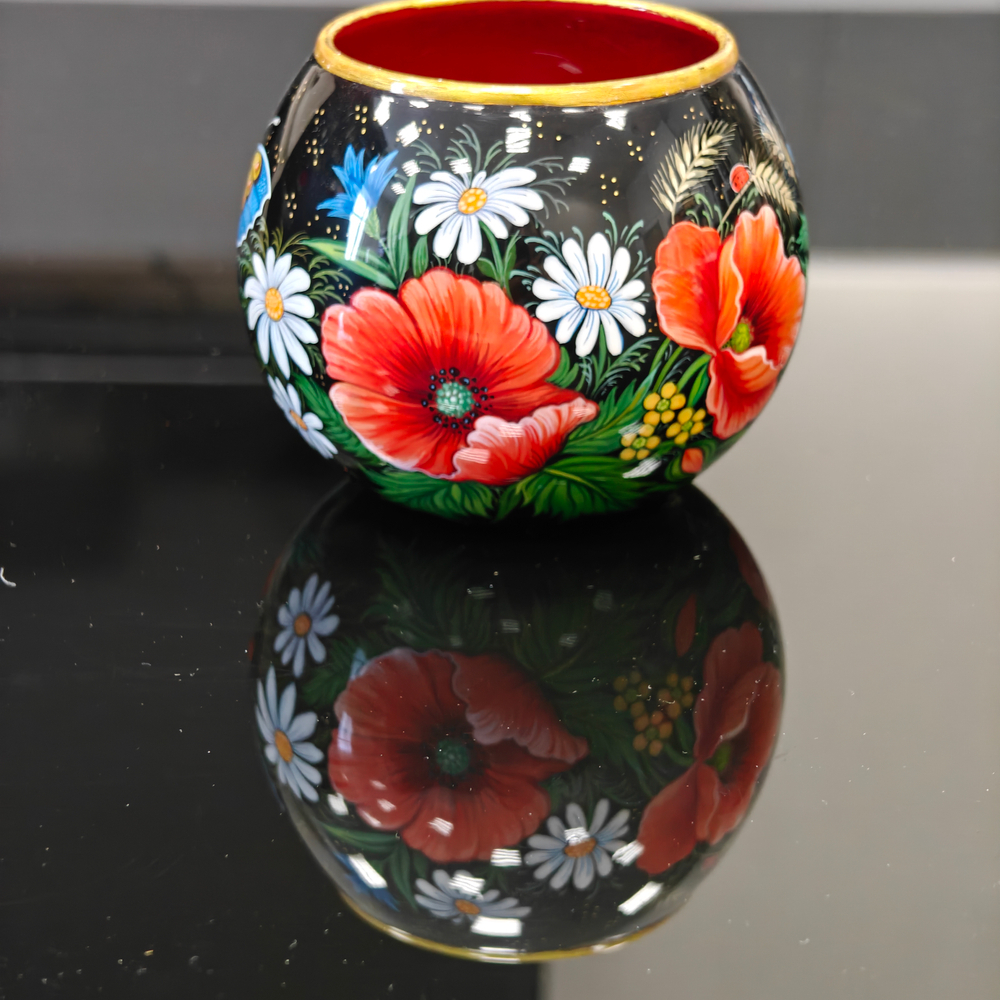 Вазочка с ручной росписью Палех "Маки и полевые цветы"