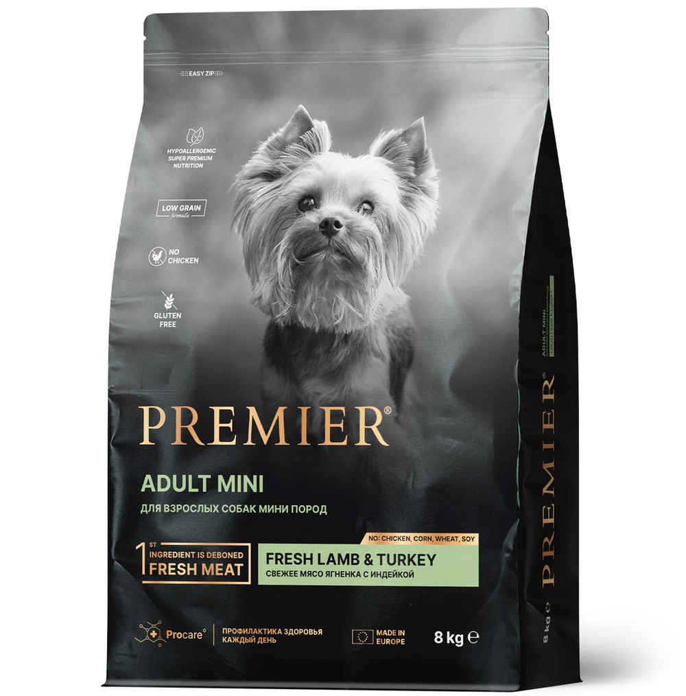 Сухой корм Premier Dog Lamb&Turkey ADULT Mini для собак мелких пород свежее мясо ягненка с индейкой 8 кг