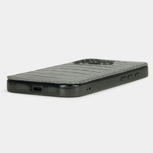Чехол-накладка кожаная для iPhone 16 Pro, аллигатор серого цвета