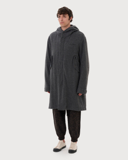 UNDERCOVER ПАЛЬТО СЕРОЕ С КАПЮШОНОМ ИЗ ШЕРСТИ