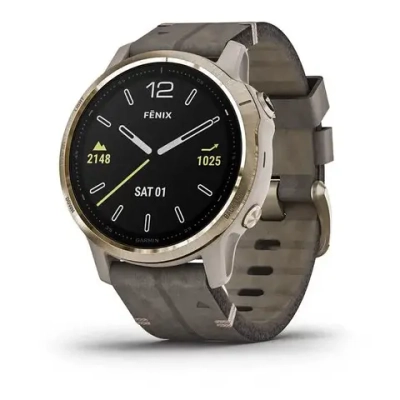 Спортивные наручные часы Garmin Fenix 6s Sapphire золотистый с серым кожаным ремешком 010-02159-40