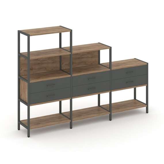 Shelf System Трехсекционный стеллаж четырех/трех/двухярусный с ящиками SN.STM-431 Дуб Табак/Антрацит