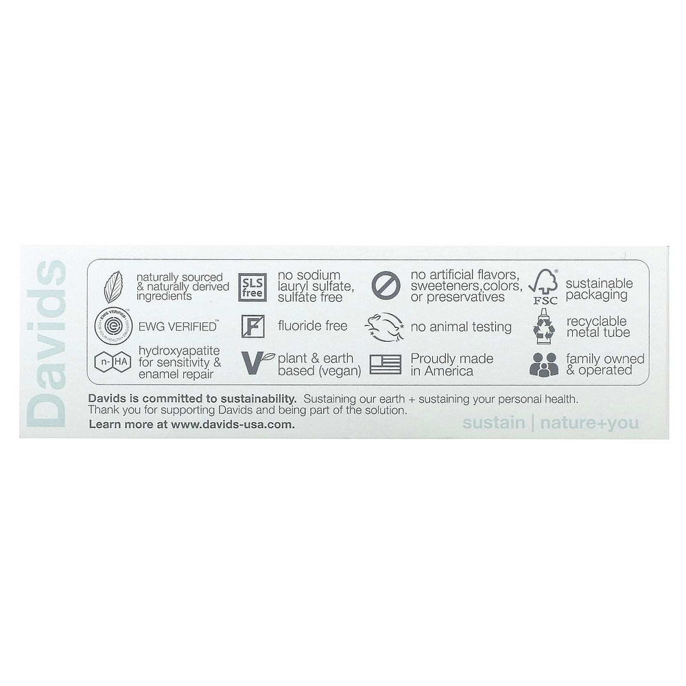 Davids, Premium Toothpaste, Sensitive + Whitening, натуральная перечная мята, 50 г (1,75 унции)