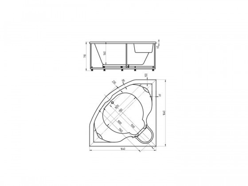 Ванна акриловая угловая СИРИУС 164х164 AQUATEK (с каркасом и фронтальной панелью)