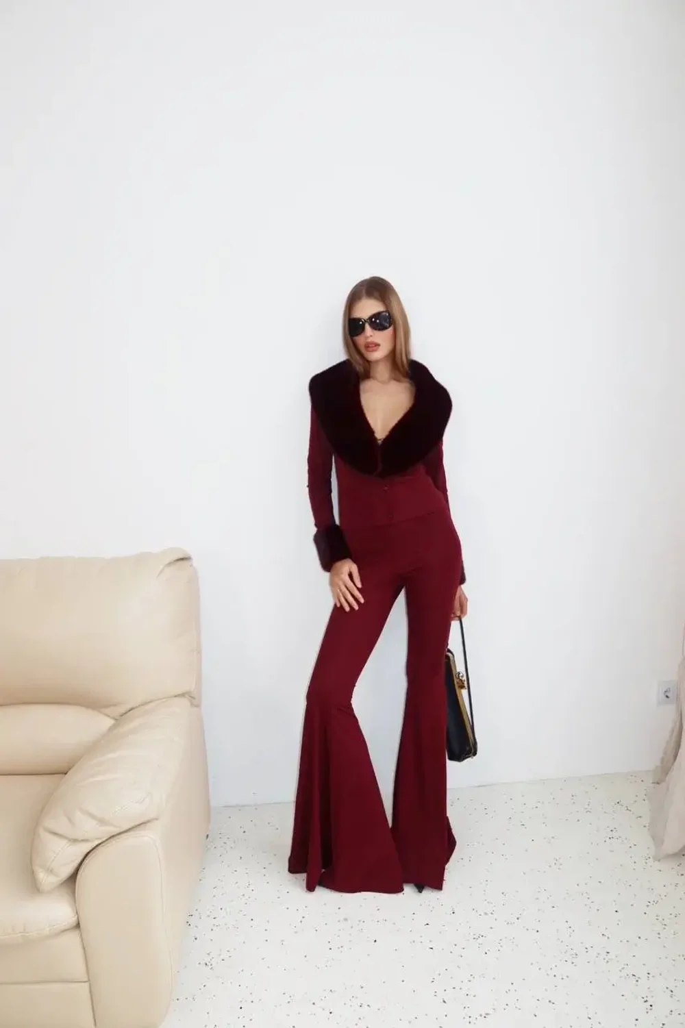 Брюки клеш на резинке, Бордовый