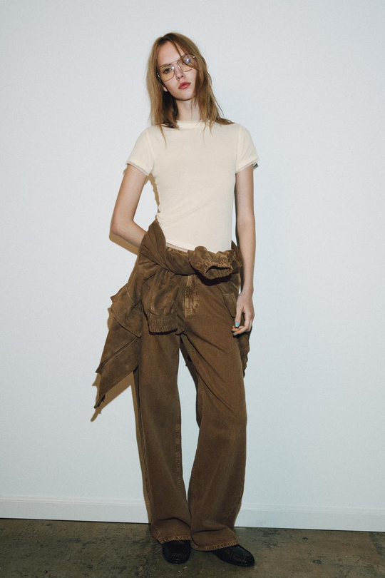 ZARA ФУТБОЛКА КОМБИНИРОВАННАЯ, ВАНИЛЬНЫЙ