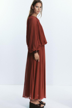 ZARA ПЛИССИРОВАННАЯ ЮБКА МИДИ С РЕМНЕМ, ЧЕРЕПИЧНЫЙ