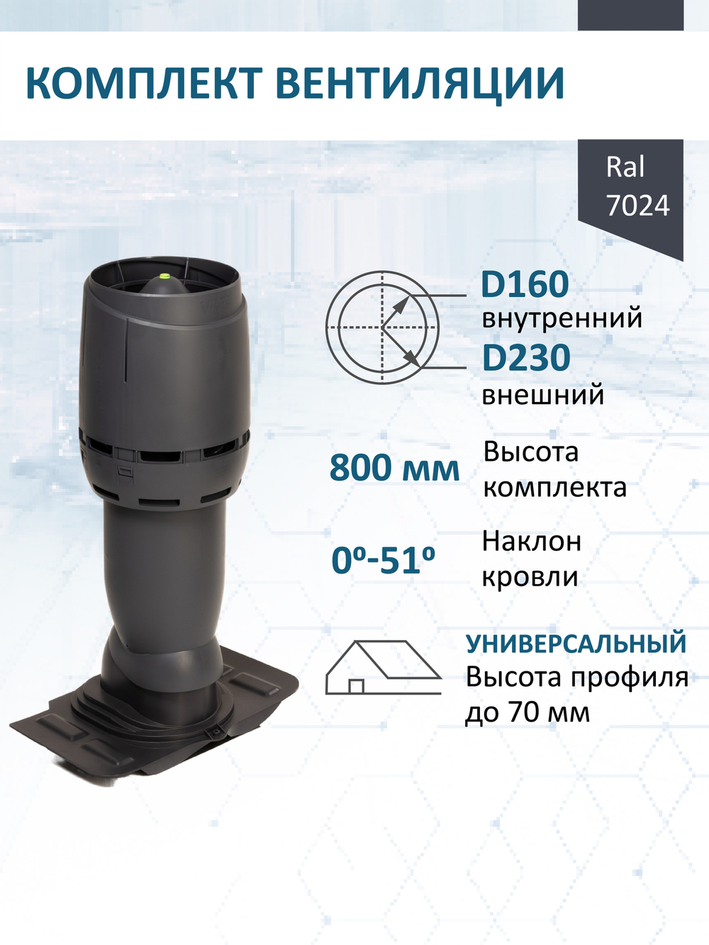 Комплект вентиляции: Вентиляционный выход изолированный Vilpe D160/225 утепленный высота H=500 мм, проходной элемент универсальный кровельный (Universal), колпак Ø 230 мм, серый графит