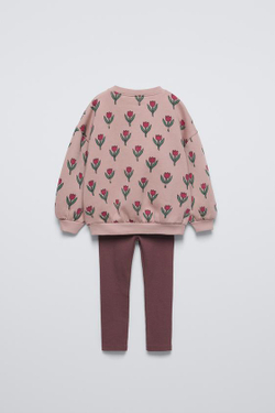 ZARA КОМПЛЕКТ ИЗ ТОЛСТОВКИ С ЦВЕТОЧНЫМ ПРИНТОМ И ЛЕГИНСОВ В РУБЧИК, ТЕРРАКОТОВЫЙ