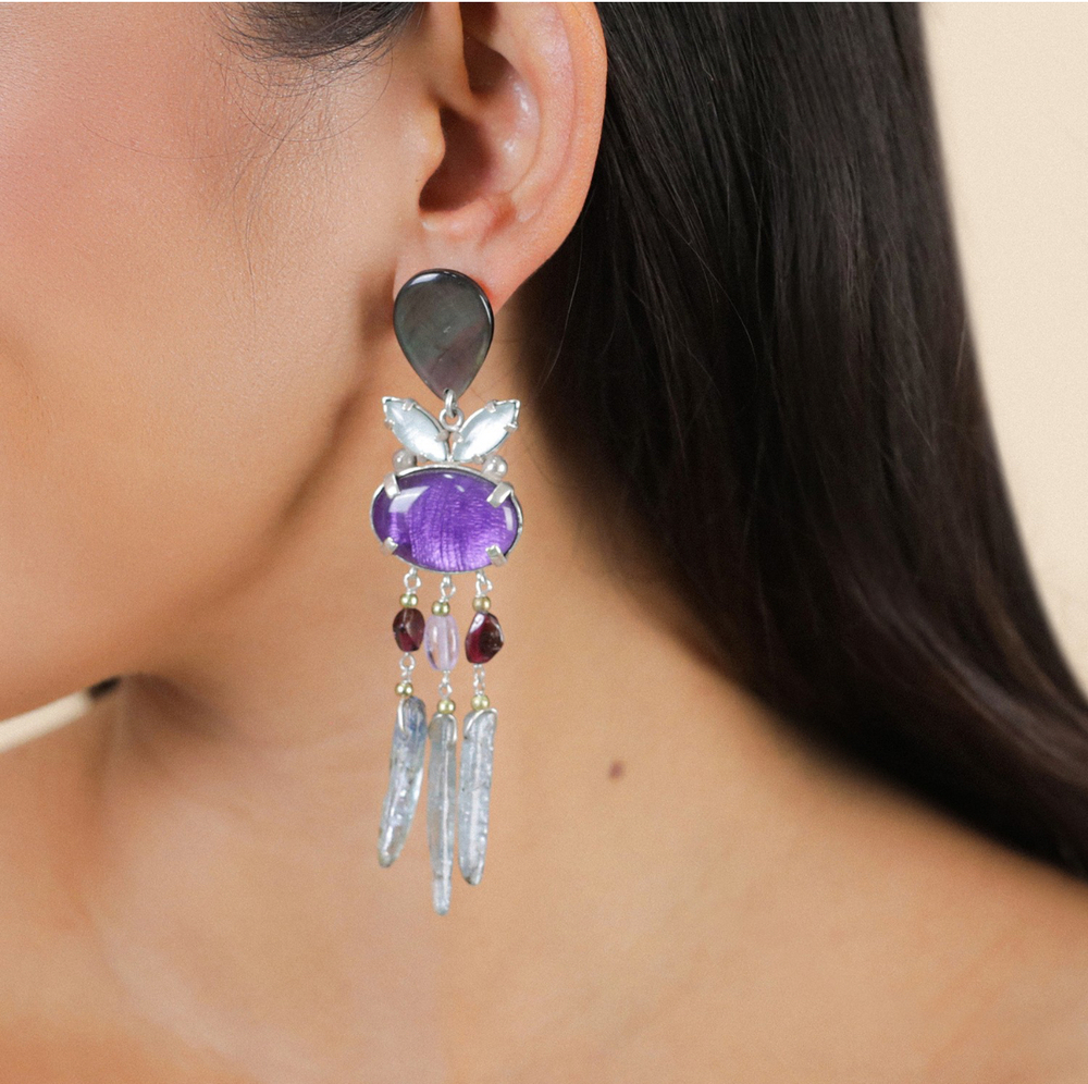 Серьги Nature Bijoux, Gotborg, с ракушкой Capiz в смоле, перламутром, гранатом, кианитом и аметистом