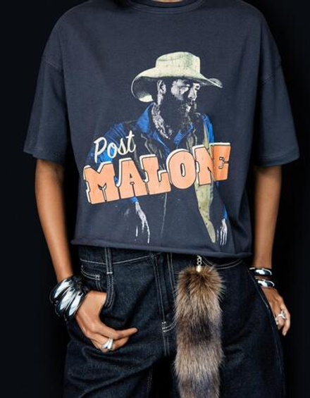 BERSHKA Футболка с принтом Post Malone, серый