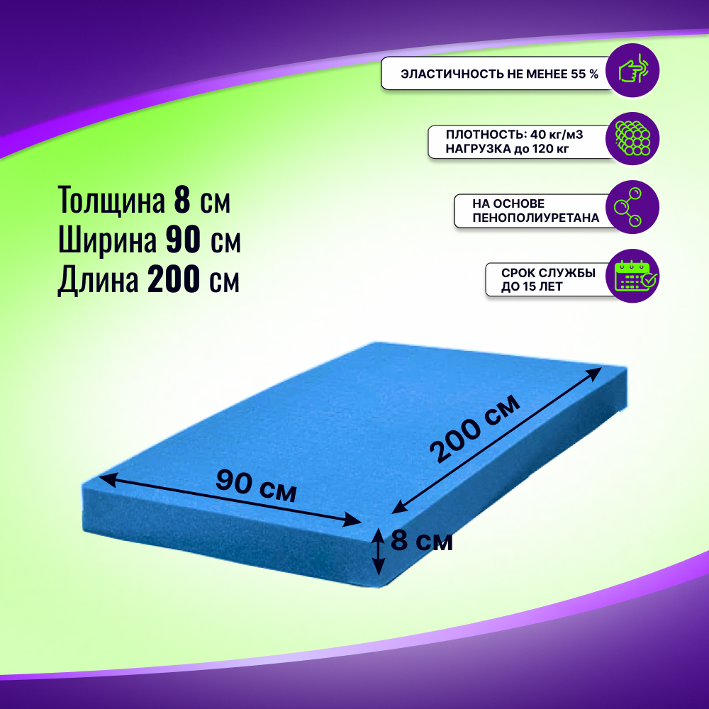 Поролон ELAX EHR 4030 толщиной 8 см, жесткость 3.0 кПа, плотность 40 кг/м3