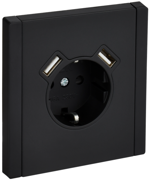 FORTE&PIANO Розетка 1-местная с заземлением с защитными шторками винтовое крепление 16А USB A+A 3,1А FP145M металл черный IEK