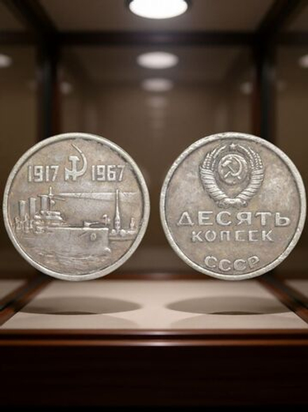 10 копеек 1967 года СССР Крейсер Аврора 50 лет Октября 1917-1967 Копия пробной монеты посеребрение