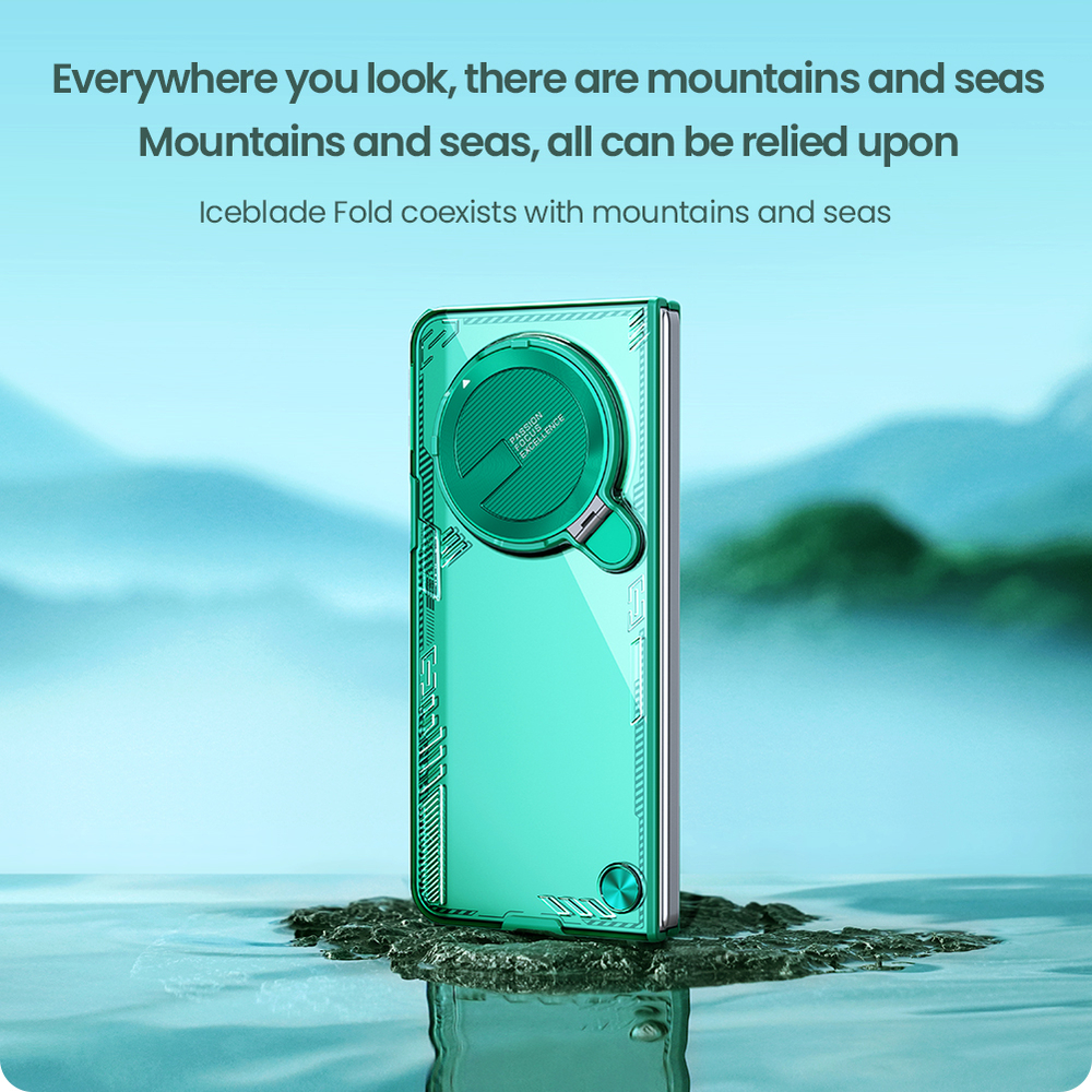 Чехол прозрачный зеленого цвета от Nillkin с металлической откидной крышкой на OPPO Find N5, серия Iceblade Fold Case