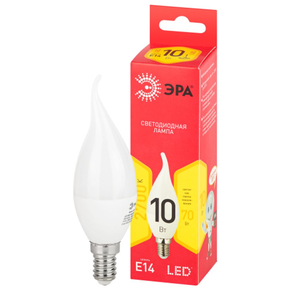 Лампочка светодиодная ЭРА RED LINE LED BXS-10W-827-E14 R E14 / Е14 10Вт свеча на ветру теплый белый свет