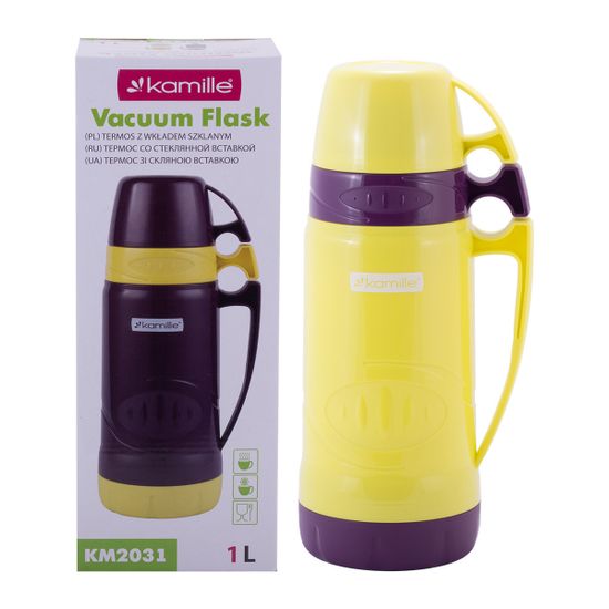 Термос 1 л. со стеклянной колбой Kamille KM 2031 пластиковый, 2 чашки