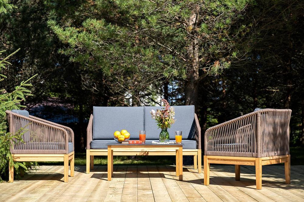 "Канны" лаунж-зона 4-местная из роупа со столиком "Канны" (серый гранит), основание дуб, роуп коричневый