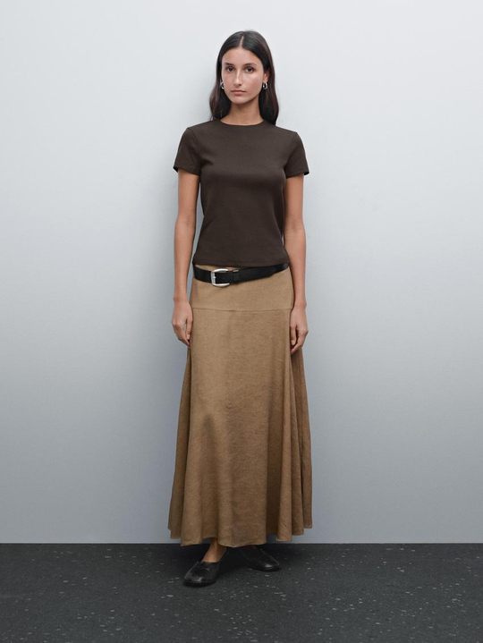 Massimo Dutti Хлопковая футболка с коротким рукавом, коричневый