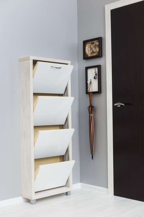 Обувница в прихожую компактная для обуви Люкс 4 белое стекло выбеленное дерево