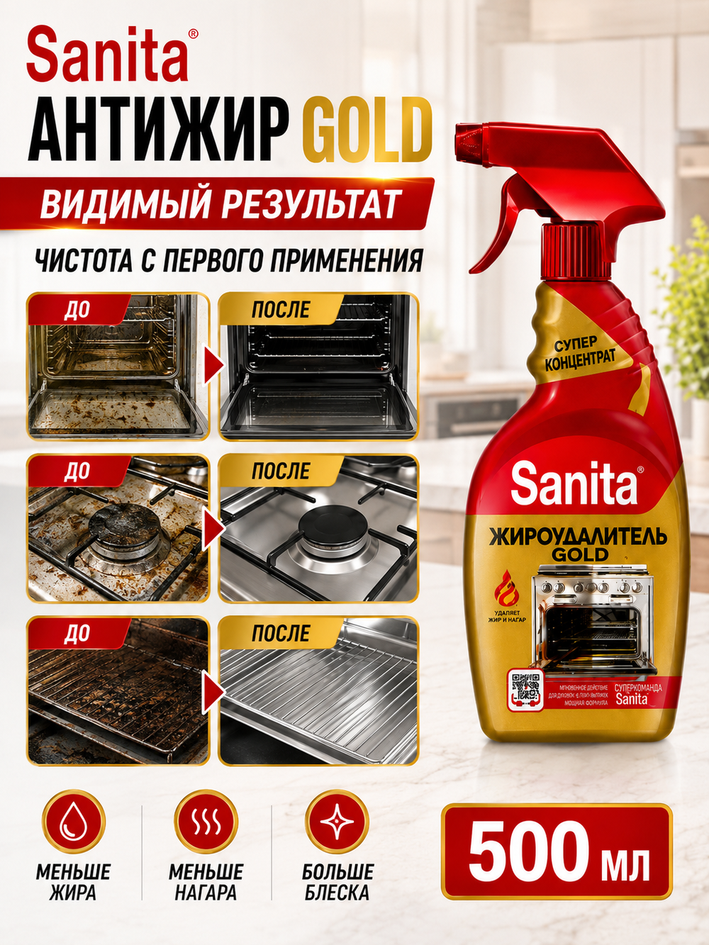 Чистящее средство мгновенного действия Sanita Антижир GOLD 500мл