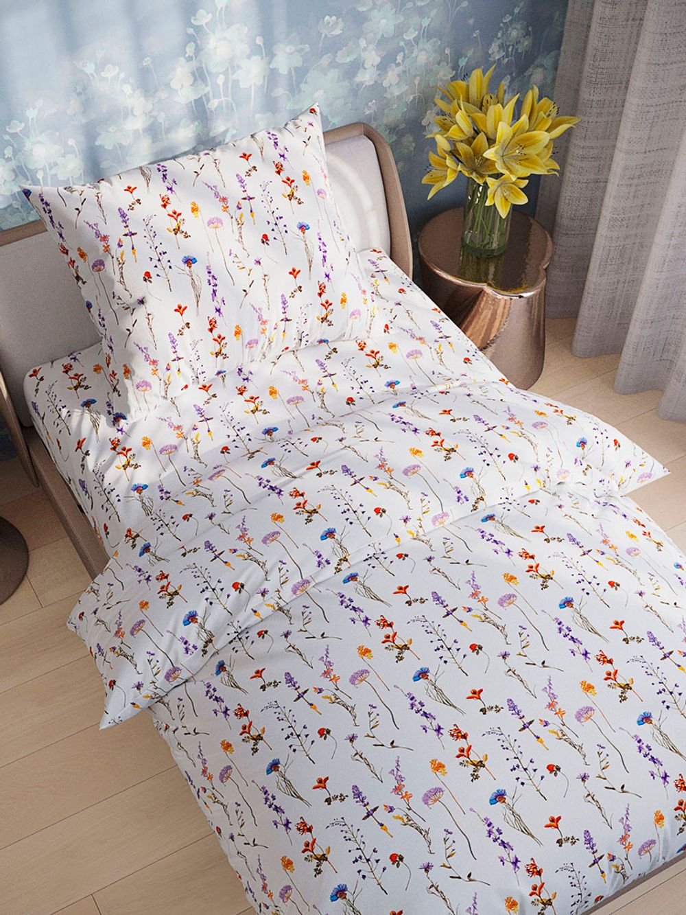 Простынь на резинке полисатин Simple House "Flora" 90x200 см