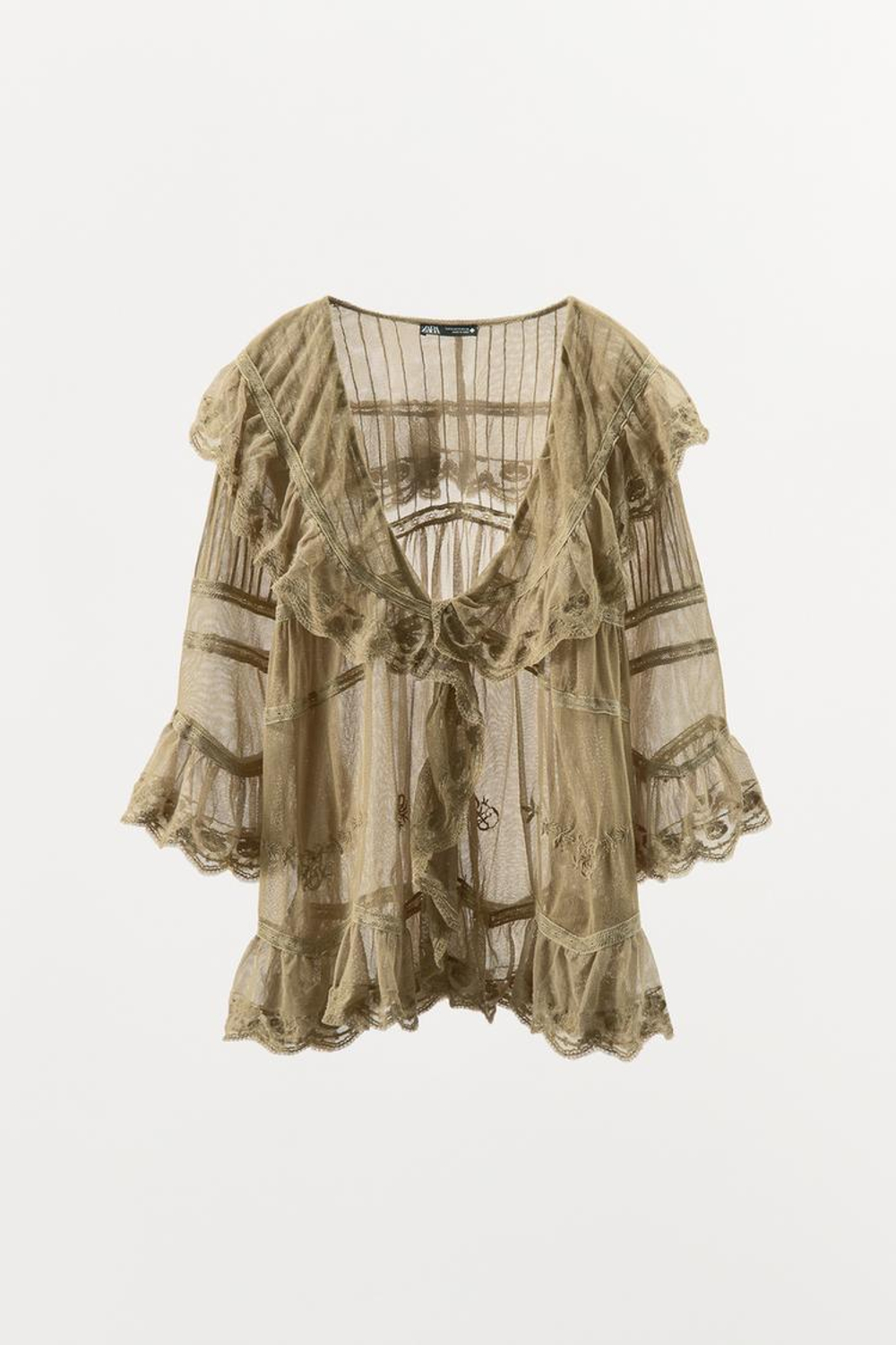 ZARA ТОП ИЗ ПОЛУПРОЗРАЧНОЙ ТКАНИ С ВЫШИВКОЙ И ВОЛАНАМИ, КАМЕННО-СЕРЫЙ