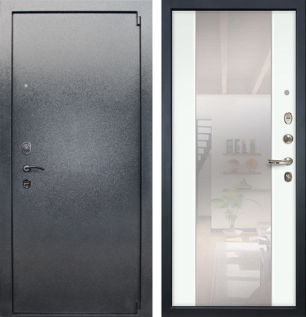 Входная металлическая дверь с зеркалом Лекс 3 БАРК Серый букле  №61 Большое зеркало Белый экошпон