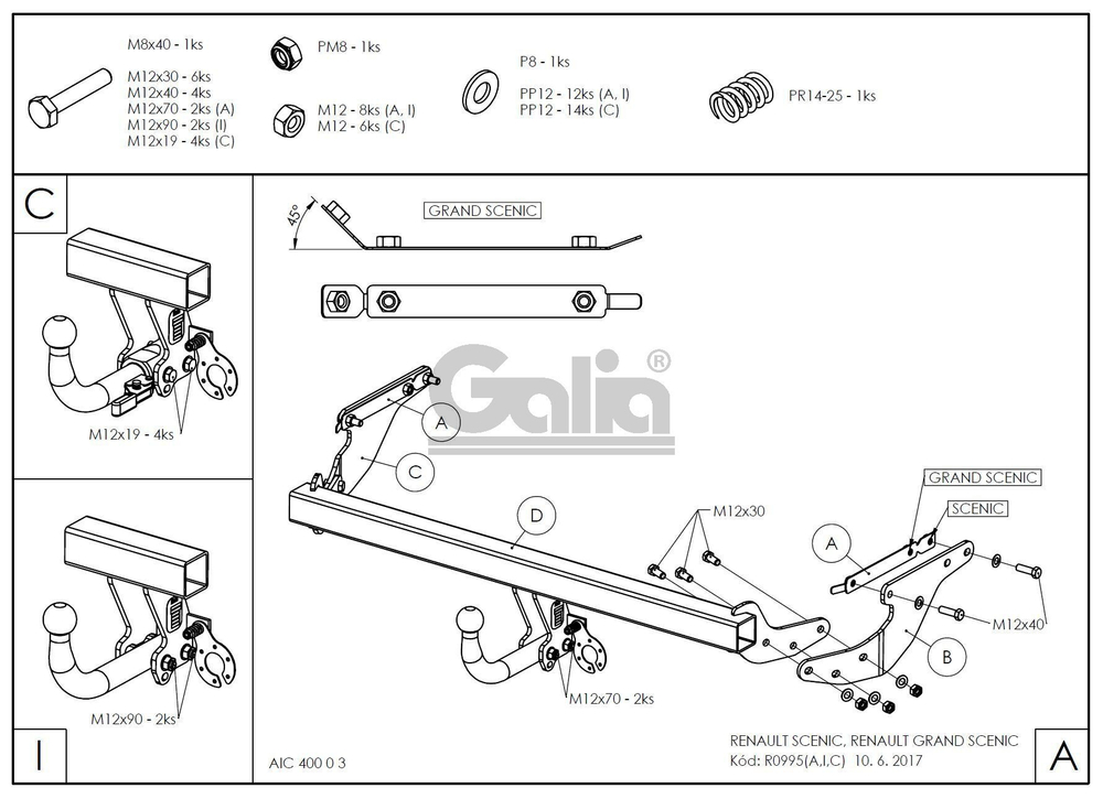 Оцинкованный фаркоп на Renault Scenic 2016-2022, Renault Grand Scenic 2016-2022 (без электрики), Galia R099C