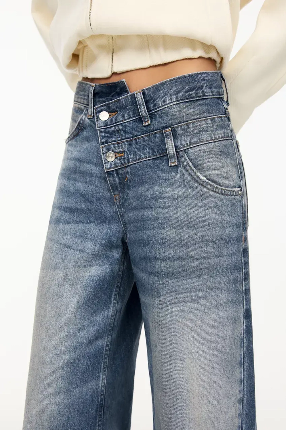 PULL&BEAR ДЖИНСЫ ШИРОКОГО КРОЯ НА ЗАПАХЕ, ВЫЦВЕТШИЙ СИНИЙ