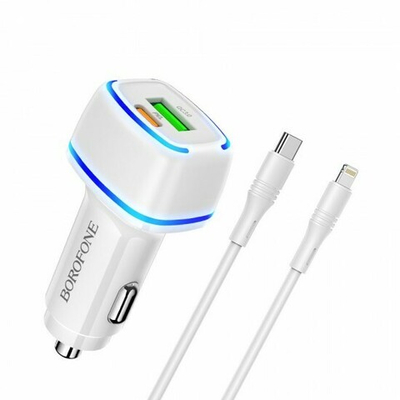Автомобильная зарядка Borofone BZ14A 3A QC3.0, Type-C/Lightning, 012347 Белый