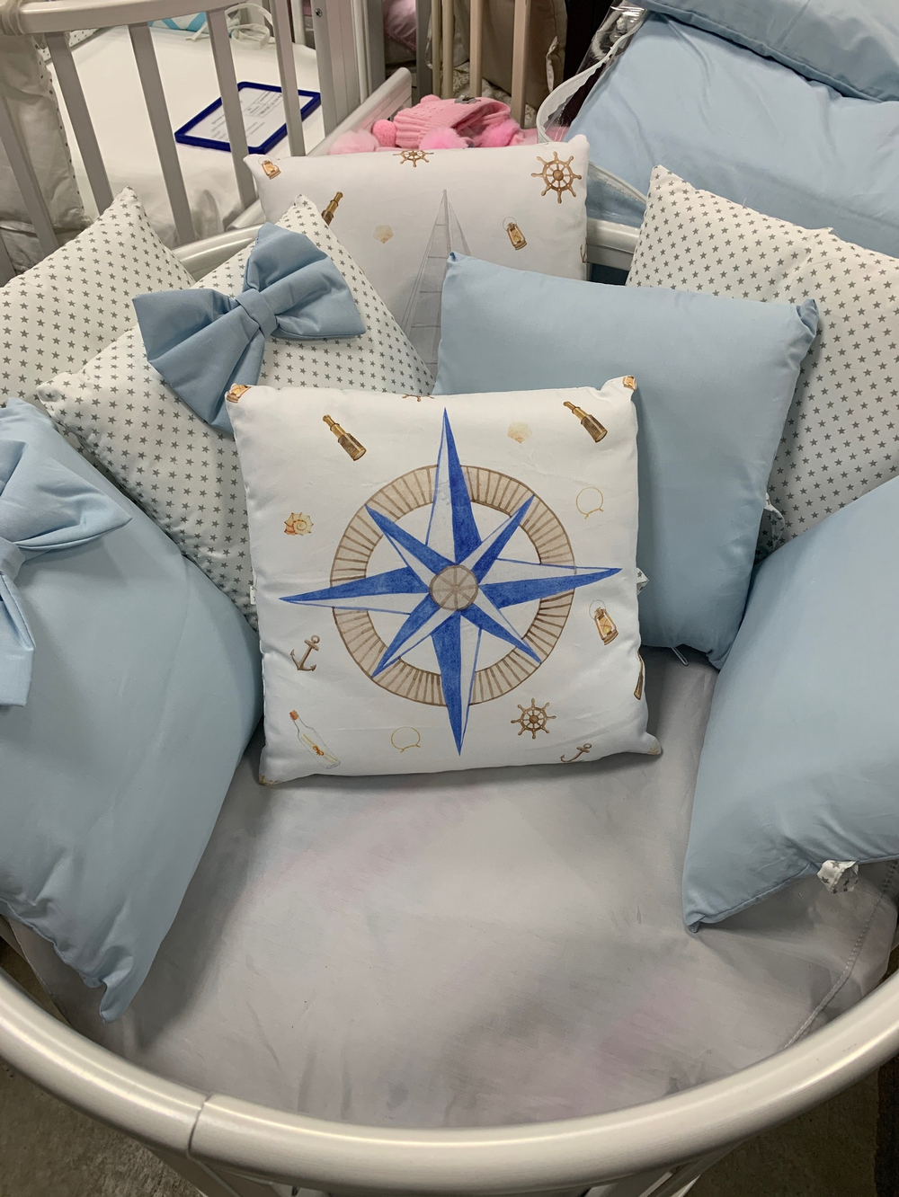 Комплект в кроватку 18 предметов "Моряк" голубой, сатин