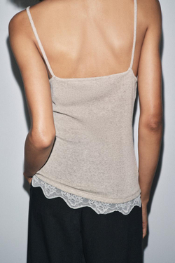 ZARA ТОП НА БРЕТЕЛЯХ С КРУЖЕВОМ, БЕЖЕВЫЙ МЕЛАНЖ