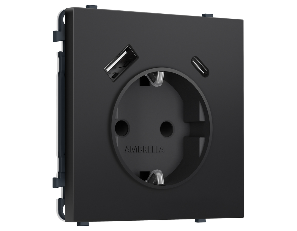 MS810010 Комплект механизма электрической розетки SIGMA Черный матовый 2USB A+C 20W (быст. зар.) с/з с/ш 16A-250V QUANT PRO (SP8100, PR160)