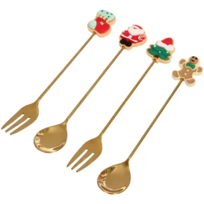 Набор для десерта «Символы праздника» 4предмета (2ложки+2вилки) в подарочной коробке,цвет золото
