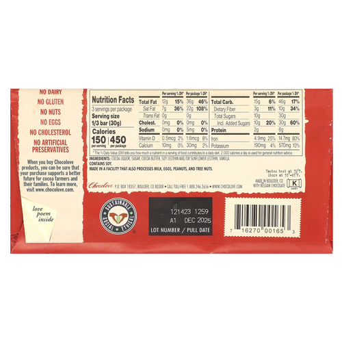 Chocolove, Насыщенный темный шоколад, 65% какао, 90 г (3,2 унции)