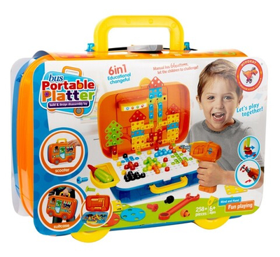 Конструктор с шуруповертом Игрокат, компактный трансформер чемодан-автобус, (258 деталей) 6+
