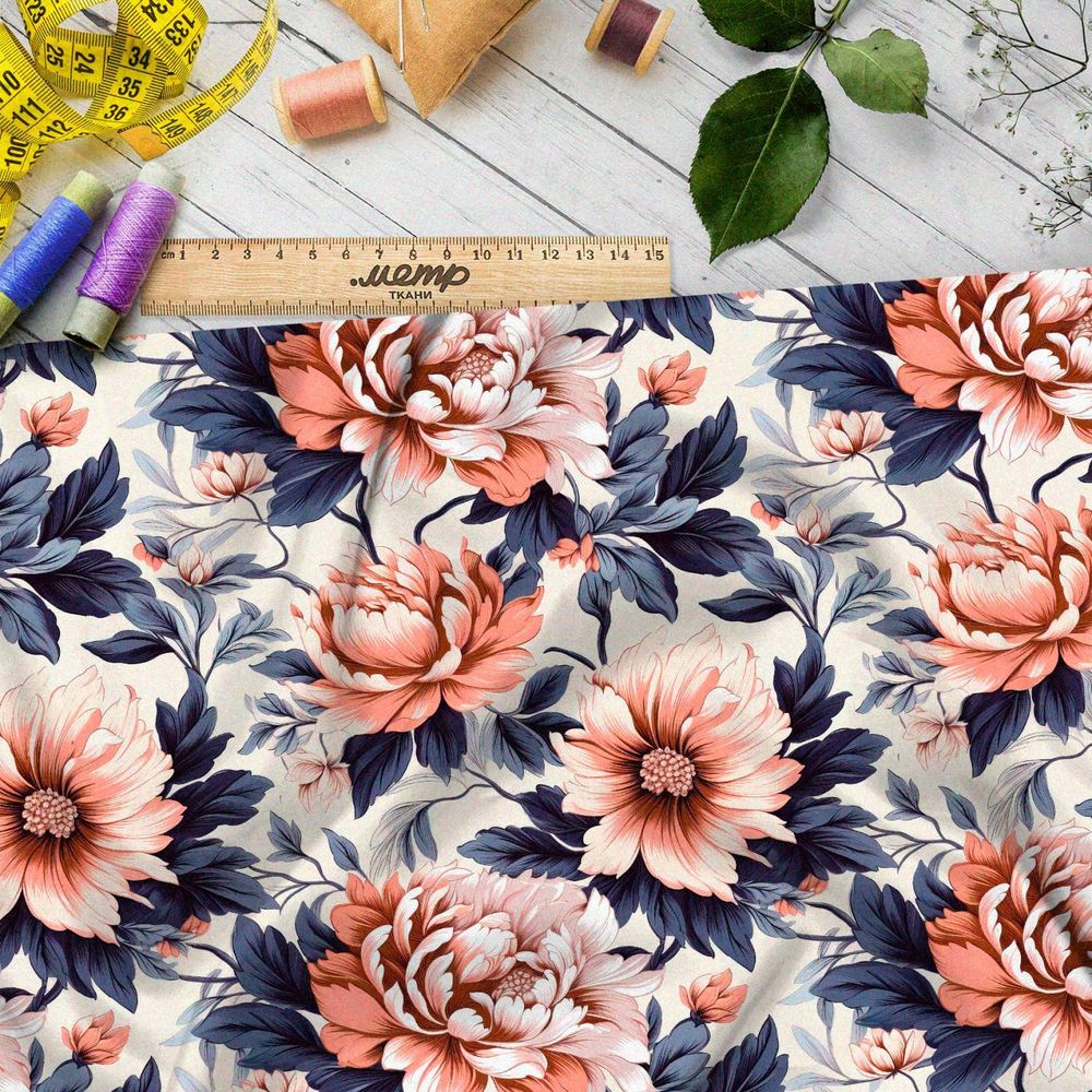 Ткань премиум Оксфорд 600D пионы на синих листьях