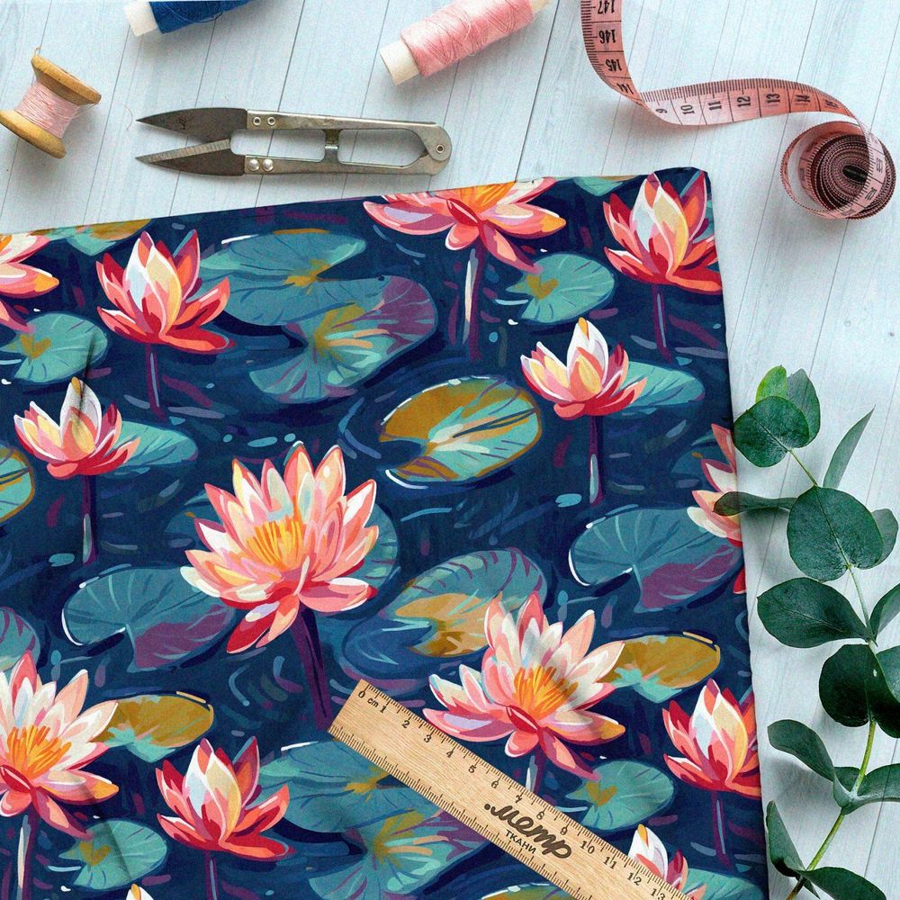Ткань премиум флис кувшинки на пруду