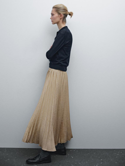 Massimo Dutti Плиссированная юбка миди с деталью из ткани, бежевый