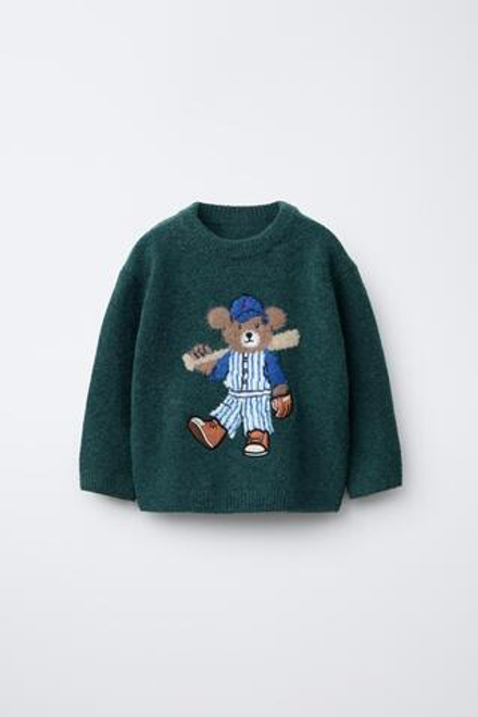 ZARA СВИТЕР С МЕДВЕДЕМ, ЗЕЛЕНЫЙ МЕЛАНЖ