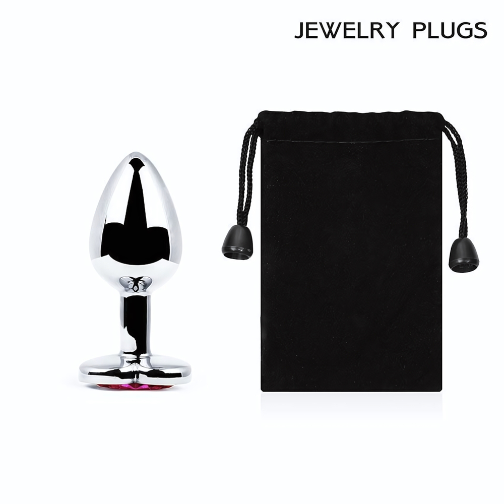 Серебристая анальная пробка с малиновым кристаллом-сердечком - 7 см. (Цвет: малиновый)