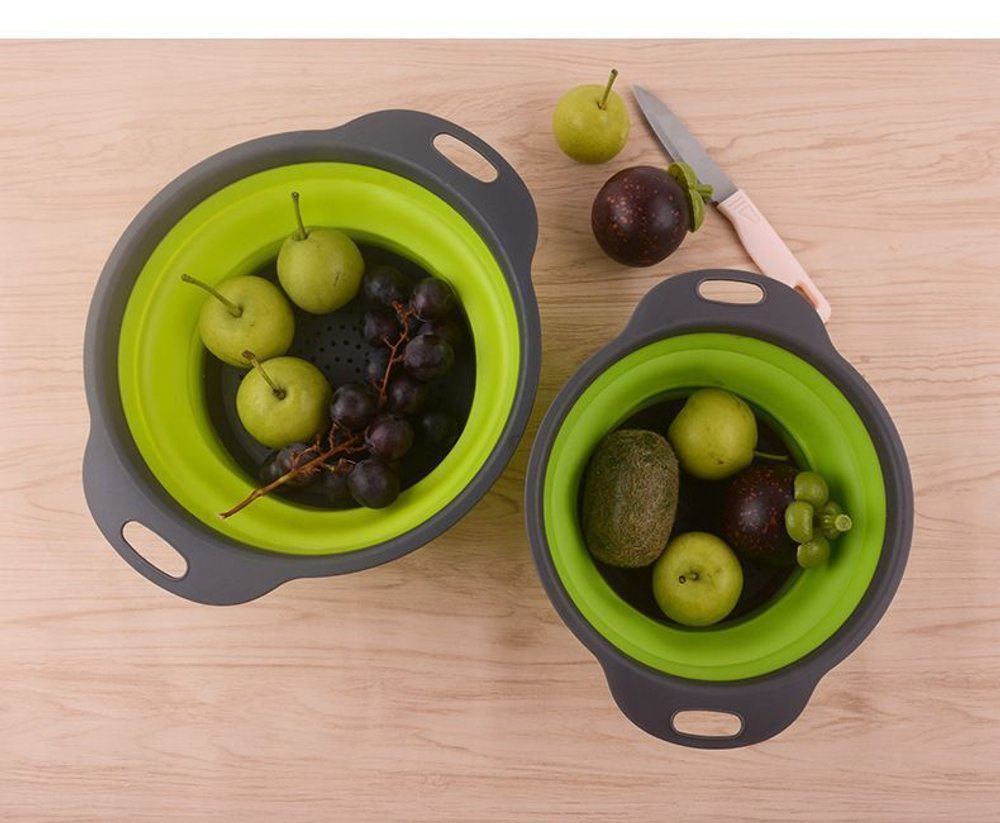 Набор дуршлаг силиконовый, складной, кухонный аксессуар для мытья фруктов и овощей, стильный,  2 шт (диаметр 22/9), красный