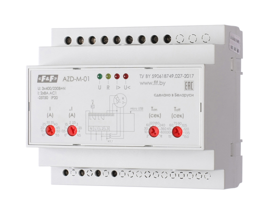 Реле защиты электродвигателей AZD-M-01 3х400/230+N 2х8А 2х1P IP20 защита трехфазн. двигателей до 30кВт с транс. тока более 30кВт с USB-портом