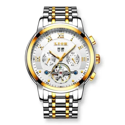 Часы наручные механические с автоподзаводом LIGE на металлическом браслете, золотистый/серебристо-золотистый W9590-01